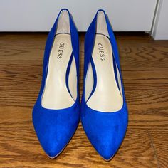 ***Brand New Never Worn*** Vibrant Cobalt Blue Color Suede Material (Except Heel) Originally: $99 Size: 8.5m *Note: Includes Original Box And Packaging! Blue Suede Heels With 4-inch Heel, Blue Block Heel With Branded Insole, Blue High Heel Heels For Workwear, Blue High Heels For Work, Blue Closed Toe Heels With Branded Insole, Blue Stilettos, Snake Heels, Blue Suede Heels, Guess Heels