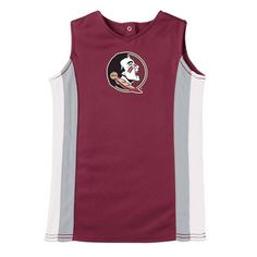 Every little Seminoles fan needs this officially licensed collegiate cheer dress in their wardrobe lineup. This sleeveless polyester dress comes in your Florida State signature colors with the team logo on the front. The comfortable matching bloomers make sure your little girl is ready for all the tumbling and cheering that comes with rooting for her favorite team! White Sleeveless Top With Team Logo, Collegiate Sleeveless Tops For Cheerleading, Sleeveless Team-colored Tops For College, Sleeveless Cotton Top With Team Logo, Collegiate Sleeveless Tops For Basketball, Collegiate Sleeveless Top With Team Logo, Sleeveless College Tops With Team Name, Collegiate Sleeveless Tops For Game Day, Moisture-wicking Sleeveless Top For Game Day