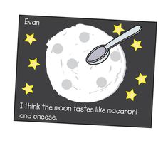 a card with a spoon and stars in the background that says, i think the moon tastes like macaroni and cheese