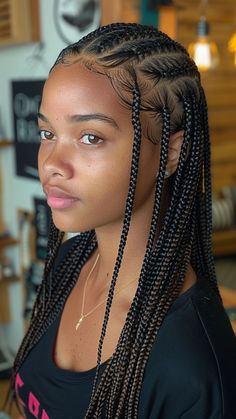 30 Braided Hairstyles for Your 2024 Style Revamp Box Braids With Design On Top, Many Braids Hairstyle, Small Braid Styles, Fulani Straight Back Braids, Cute Black Braided Hairstyles, Braids On Fine Hair, Trending Hairstyles 2024, Box Braids On Natural Hair, Side Part Braids