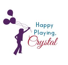 a woman holding balloons with the words happy playing crystal in front of her and an image of