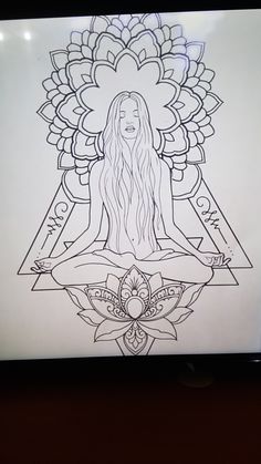 a drawing of a woman with long hair sitting in a lotus position on top of a table