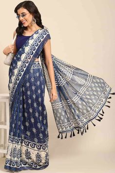 Buy Blue Cotton Block Printed One Minute Saree Online Block Print Blouse, Gujarati Saree, Saree Pattern, One Minute Saree, Saree Work, Block Print Saree, Saree Style, Print Block, Print Saree