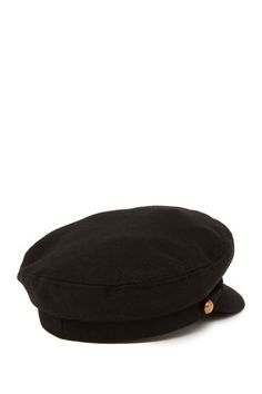 a black hat with buttons on the front and side, sitting against a white background