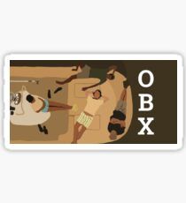 a sticker with an image of two people and the words obx on it