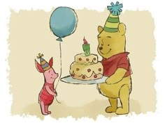 a winnie the pooh birthday cake with balloons and a pig holding a balloon above it