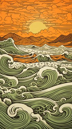 an illustration of waves in the ocean at sunset