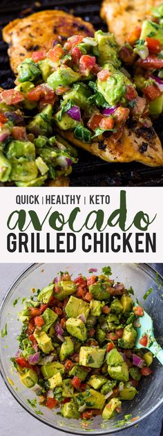 grilled chicken with avocado and red onion salsa on the side, next to a bowl of salad