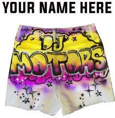 This is pair of airbrush denim booty shorts. The paint is bright colorful and will stay on all summer. Hip Hop Graphic Print Bottoms For Summer, Graphic Print Hip Hop Bottoms For Summer, Hip Hop Style Graphic Print Bottoms For Summer, Funky Bottoms For Summer Music Festival, Summer Festival Bottoms With Graphic Print, Fun Spring Streetwear Bottoms, Summer Graffiti Print Bottoms, Y2k Style Yellow Summer Bottoms, Yellow Y2k Style Summer Bottoms