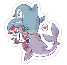 an image of a dolphin with flowers on it's head and another animal in the background