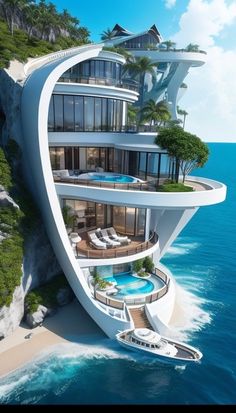 a futuristic house on top of a cliff in the ocean with a boat passing by