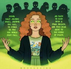 a woman with red hair and green eyes stands in front of silhouettes of zombies