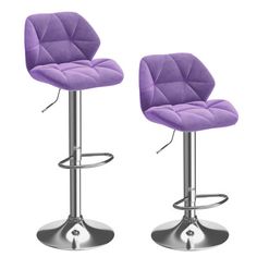 two purple padded bar stools with chrome base