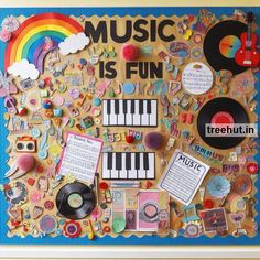 a bulletin board with music is fun written on it and various items around the board