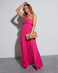 Fuchsia % Draya Halter Neck Empire Maxi Dress-3 Hot Pink Bridesmaid Dresses, Hot Pink Bridesmaids, Girls Brunch, Empire Maxi Dress, Empire Silhouette, Pink Bridesmaid Dresses, Inspo Board, Pleated Maxi, Neck Ties