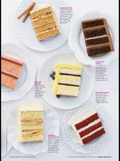 an advertisement with different types of cakes on plates