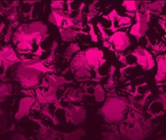 a bunch of skulls that are in pink and black colors on a dark purple background