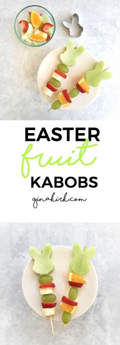 an easter fruit kabobs recipe on a white plate with green and red apples