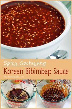 korean bibimbap sauce in a bowl with spoons and seasonings on the side