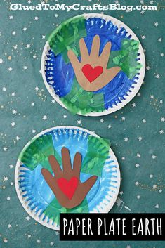 two paper plates with handprints on them and the words paper plate earth day