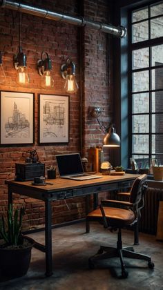 an office with brick walls and industrial lighting