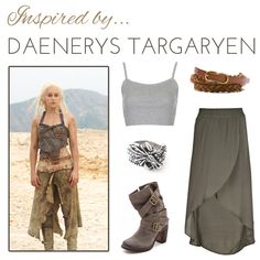 a woman in grey top and skirt standing next to other items on white background with text that reads, inspired by daenery's targaryenn