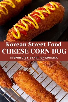 korean street food cheesy corn dog is served on skewers with ketchup