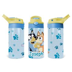 two children's water bottles with cartoon dogs on them and paw prints in blue