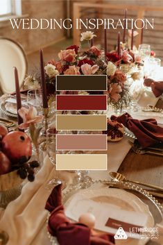 a table set for a wedding with candles, flowers and napkins in shades of burgundy