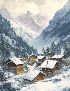 a painting of snow covered houses in the mountains