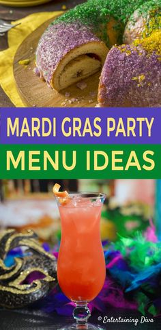 the mardi gras party menu is shown with a drink and donuts on the table