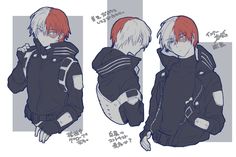 three different views of an anime character with red hair and black clothes, one wearing a hoodie