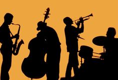 silhouettes of people playing instruments against a red background