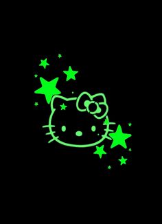 a hello kitty wallpaper with green stars on the side and glow in the dark