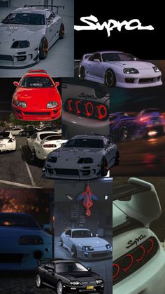 several different cars are shown in this collage with the words supro above them