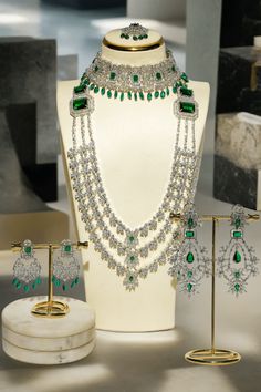 Irma Rhodium Plated Green Bridal Set - 4-piece jewelry set with rhodium-plated finish Emerald Green Stone, Accessories Ear, Bridal Attire, Ear Chain, Chandbali Earrings, Choker Necklace Set, Bridal Look, Jhumka Earrings, Royal Jewelry