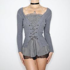 Y2K Gray Lace Up Sweater (S-M) Corset Ribbon, Very Short Dress, Black Cashmere Sweater, Black And White Gingham, Dark Outfits, The 2000s, Ribbon Tie, Dream Clothes, Black Mesh