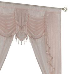 an open curtain with beaded trim and tassels on the top is shown in front of a white background