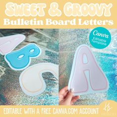 a hand holding up a sticker that says sweet and grow bulletin board letters