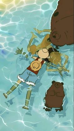 an animated image of a man and woman kissing in the water with two other animals behind them