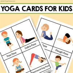 yoga cards for kids with pictures of people doing yoga poses and the words, yoga cards for