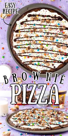 brownie pizza with white frosting and sprinkles on the top is ready to be eaten