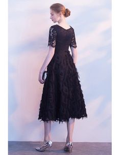 [$68.98] Unique Black Lace Tea Length Semi Formal Dress With Sleeves #J1465 - GemGrace.com Elegant Lace Tea Length Evening Dress, Lace Tea-length Evening Midi Dress, Evening Lace Tea Length Midi Dress, Lace Tea Length Midi Dress For Evening, Evening Lace Midi Dress In Tea Length, Lace Midi Dress For Evening In Tea Length, Tea Length Lace Dress For Formal Occasions, Formal Tea Length Lace Dress, Tea-length Lace Trim Midi Dress For Evening