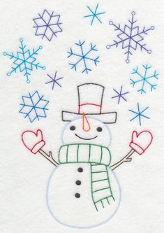 a snowman is wearing a hat and scarf with hearts in his hands while he stands next to some snowflakes