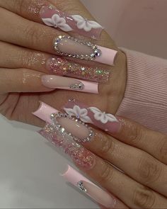 ig: glammed.by.daisy Aclyric Nails, Glam Nails Rhinestones, Diy Long Nails, Pink Quince