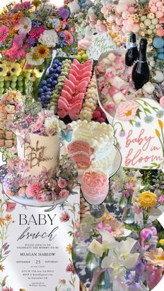 a collage of baby shower items, including cake and wine bottles with flowers on them