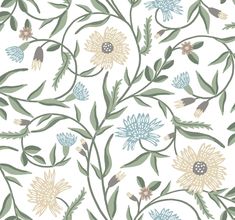 a floral wallpaper with green leaves and flowers