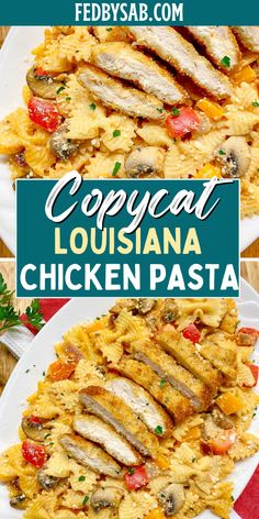 two plates with chicken and pasta on them next to the words copycat louisiana chicken pasta