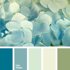 some blue flowers are in the middle of a color palette with white and green accents