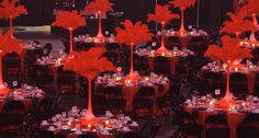 tables and chairs are set up with centerpieces in the shape of red flowers